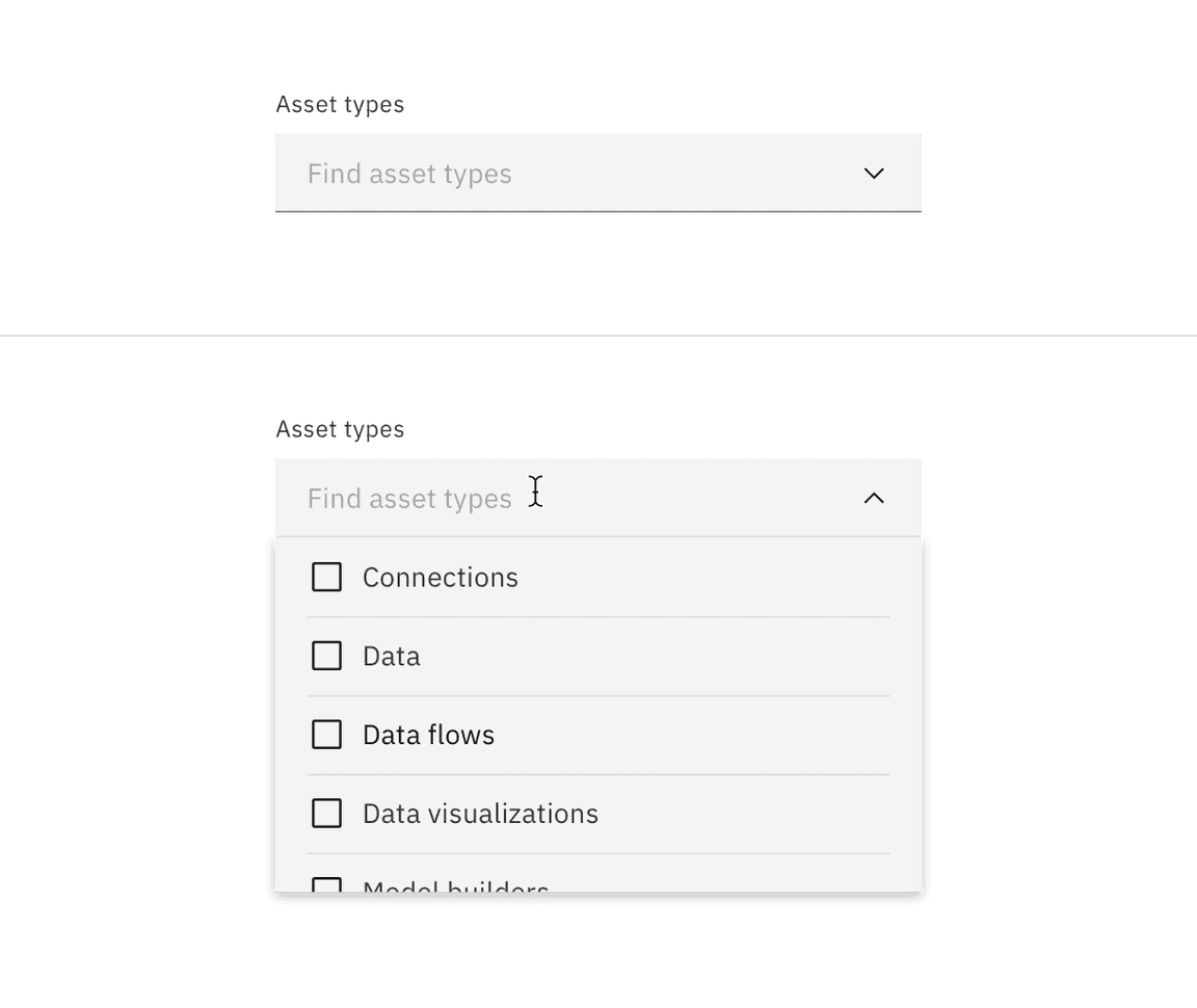 Filterable dropdown closed and open state.